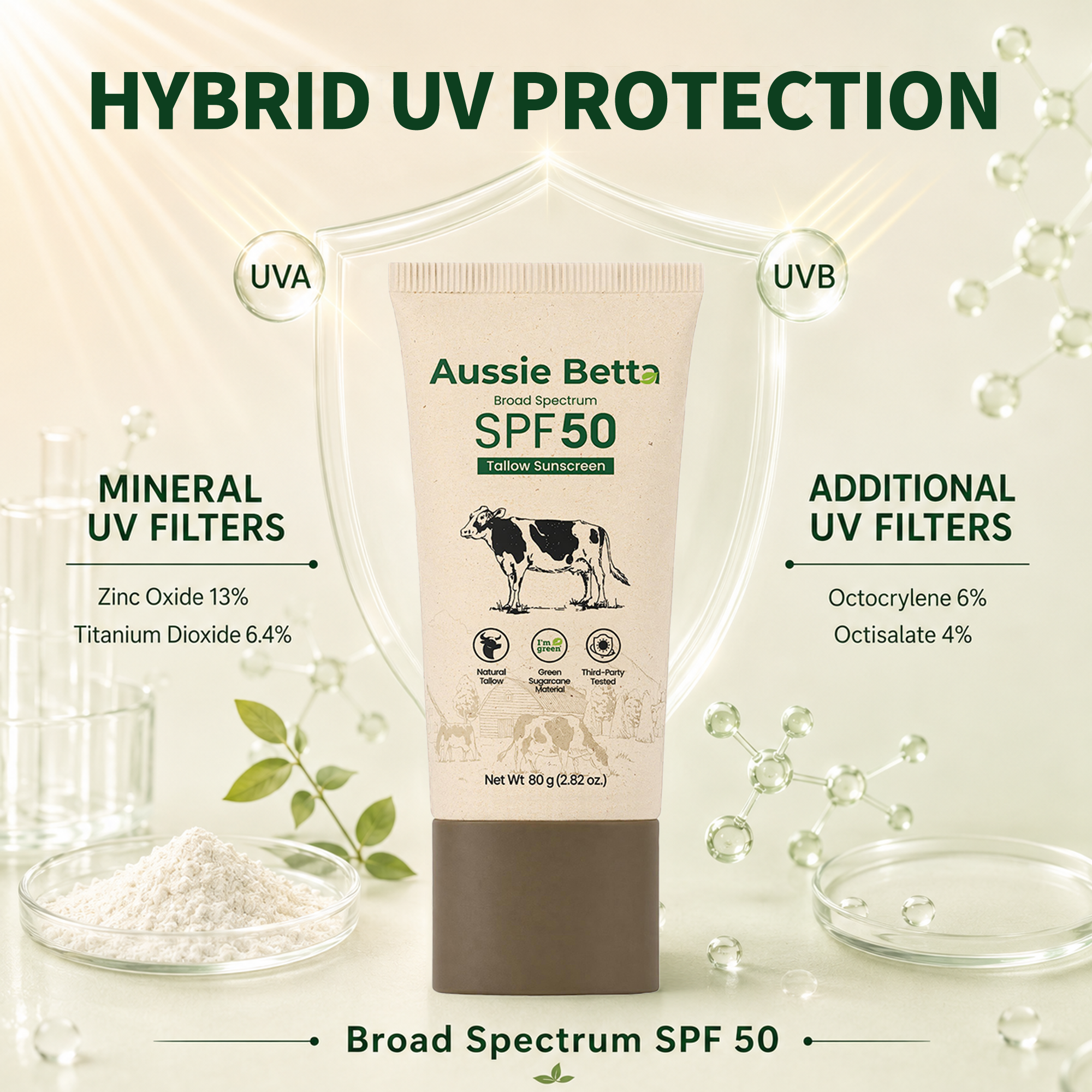 Aussie Betta Broad Spectrum SPF 50 Hybrid Tallow Sunscreen for Face & Body
