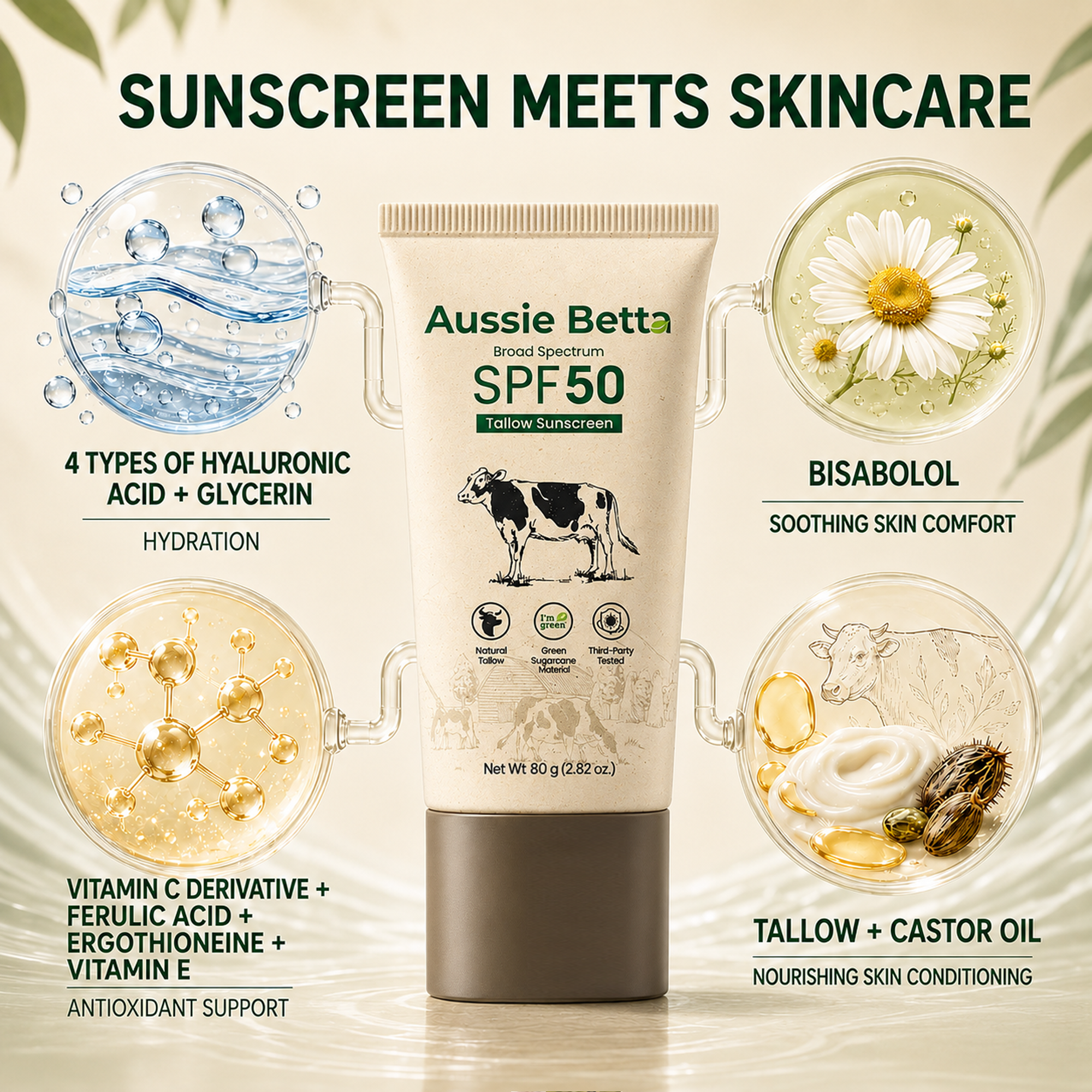 Aussie Betta Broad Spectrum SPF 50 Hybrid Tallow Sunscreen for Face & Body