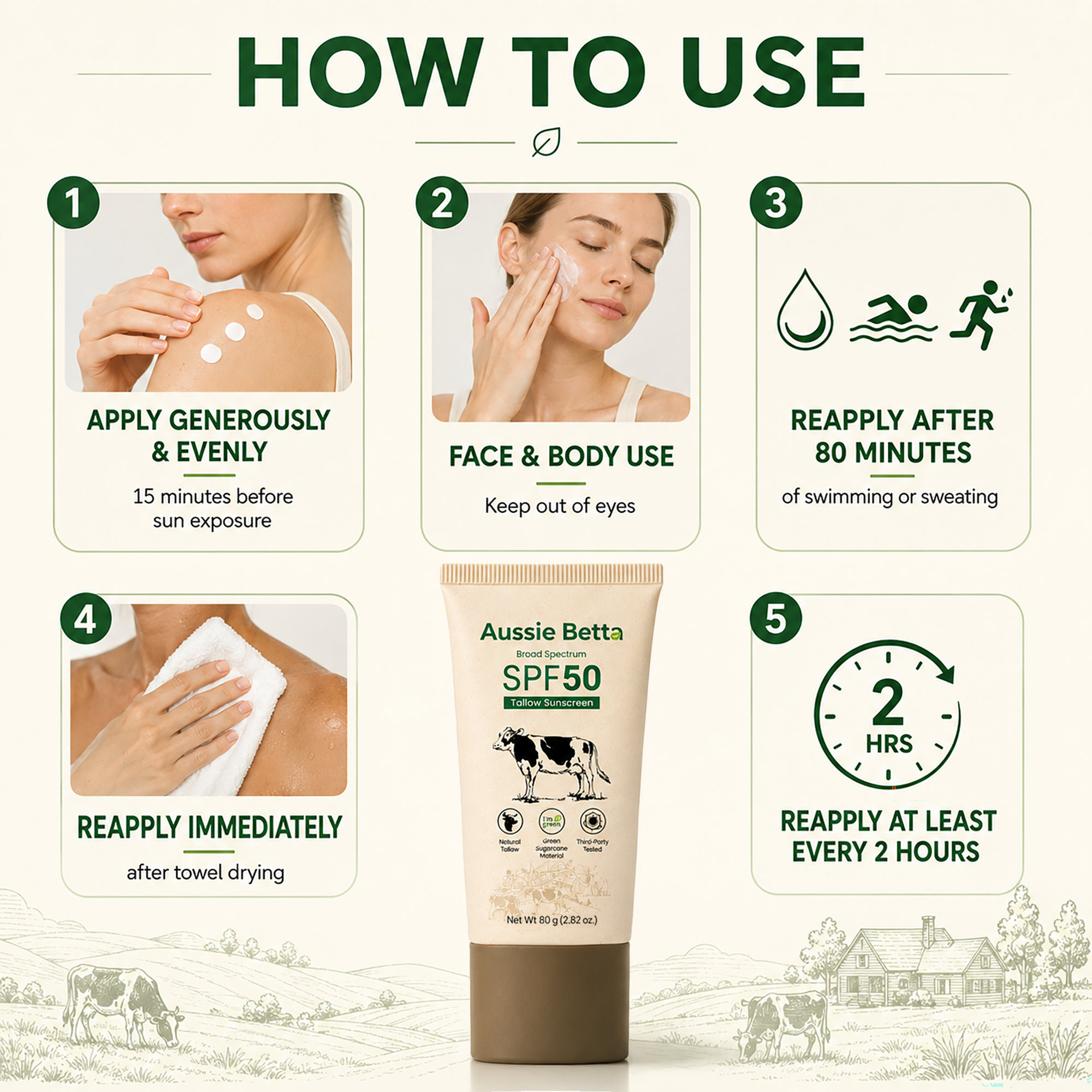 Aussie Betta Broad Spectrum SPF 50 Hybrid Tallow Sunscreen for Face & Body