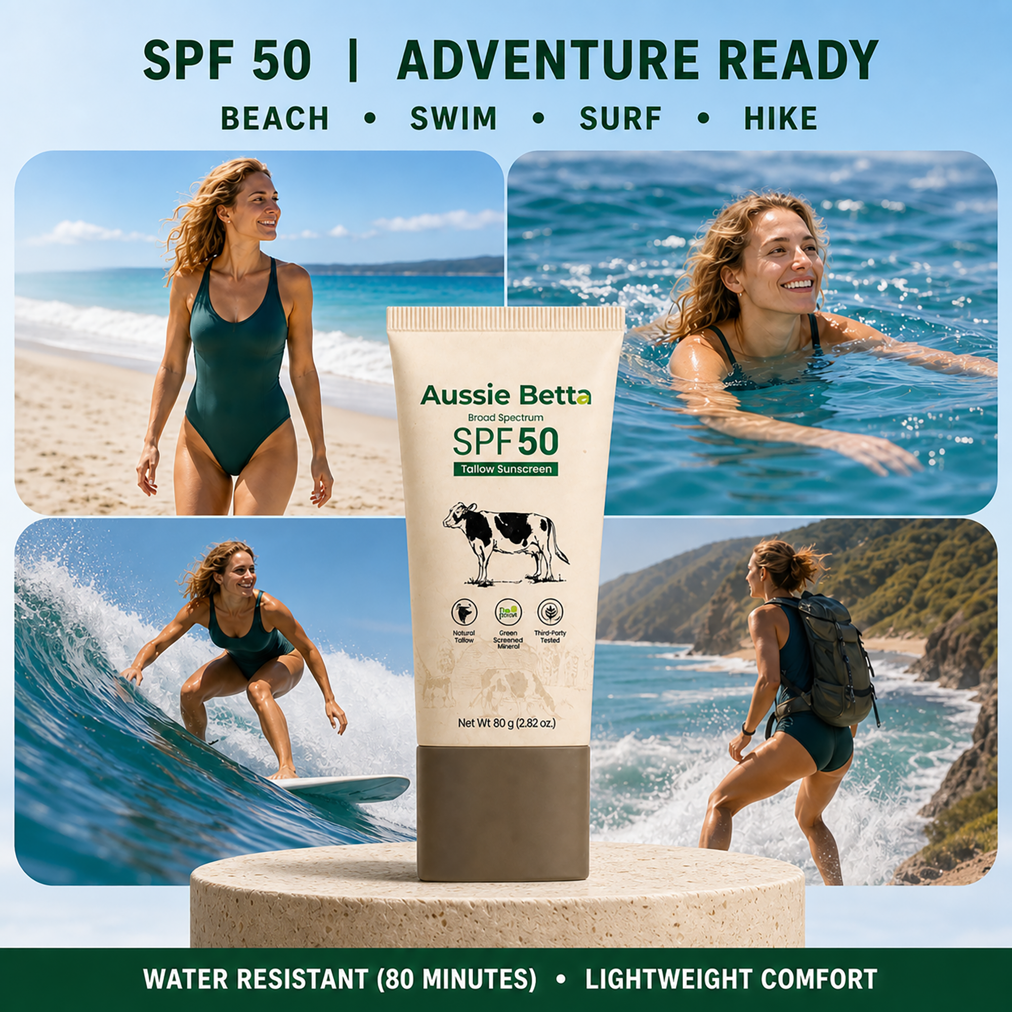 Aussie Betta Broad Spectrum SPF 50 Hybrid Tallow Sunscreen for Face & Body