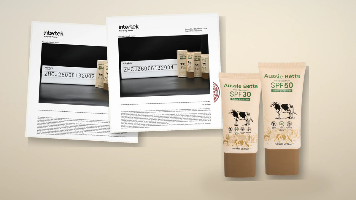 Aussie Betta sunscreen with independent SPF testing report detail in a clean laboratory setting