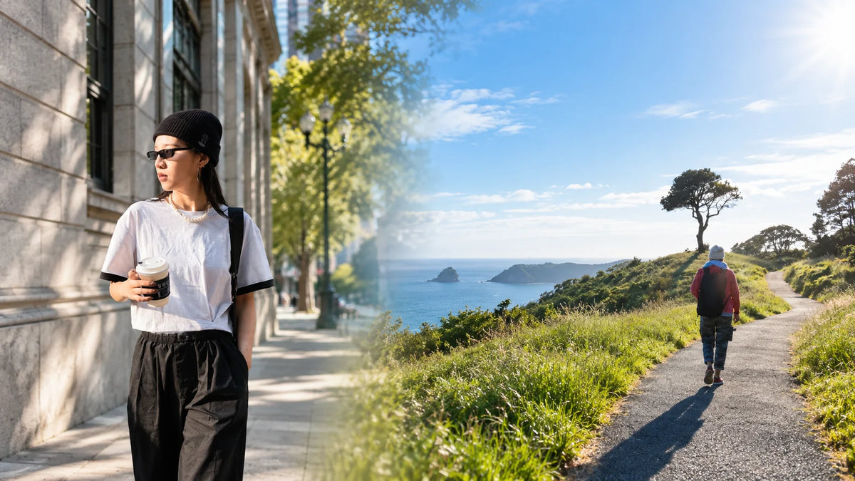 Split lifestyle visual: everyday commute and cafe on one side, beach hiking and swimming on the other