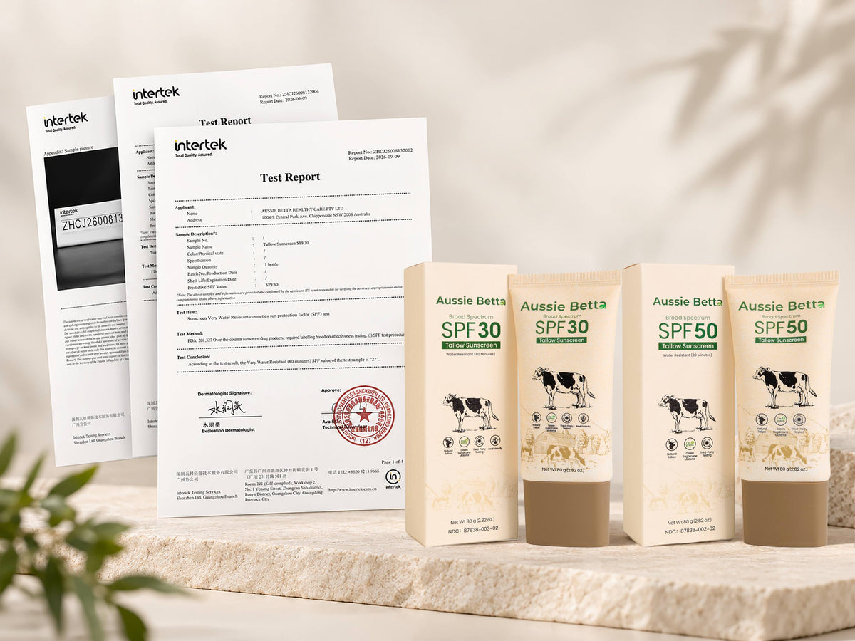 Aussie Betta SPF30 and SPF50 sunscreens beside independent Intertek test reports